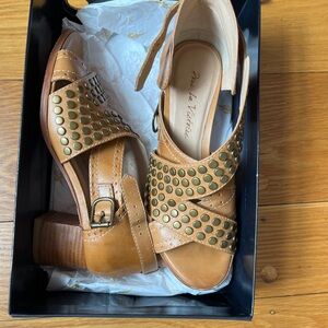 Women’s Cognac Studded Leather Block Heel Sandals